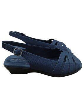 Easy Street Womens Navy Slingback Sandals 8.5M Low Wedge Comfort Shoes New.